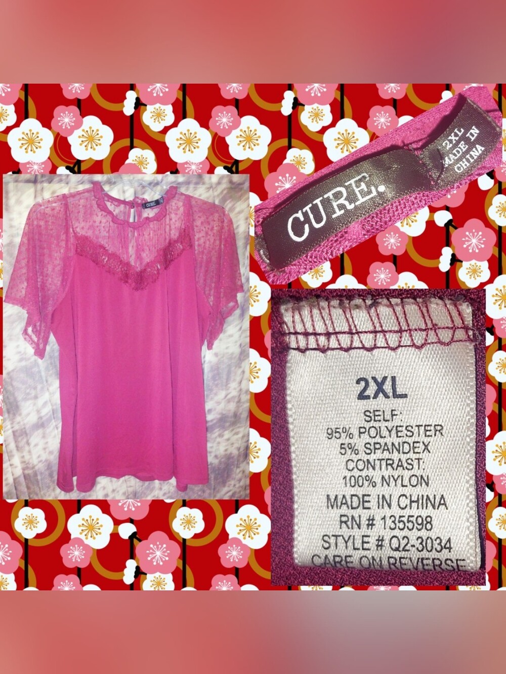 CURE. Wine Colored Soft Knit Top w/Sheer Yoke & Flared Sleeves Sz 2XL(16/18/20)